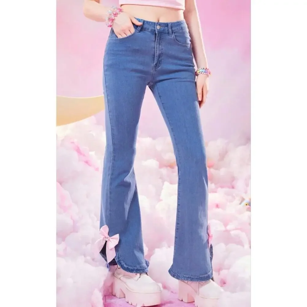 Rowme Kawaii Bow Detail Split Hem Flare Leg Jeans XS 2 Denim pink bows